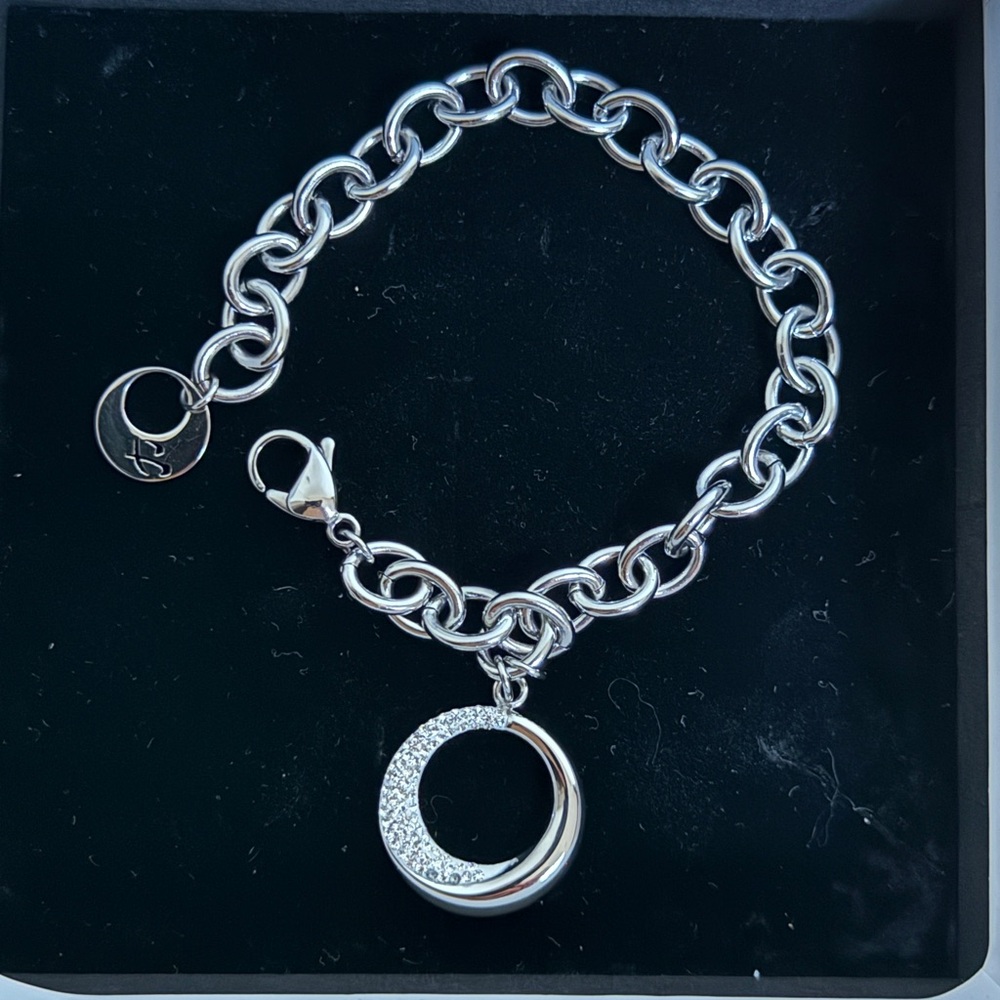 Luca Barra Stainless Steel with Pave CZ Charm Link Bracelet Women’s 7.5 Inches